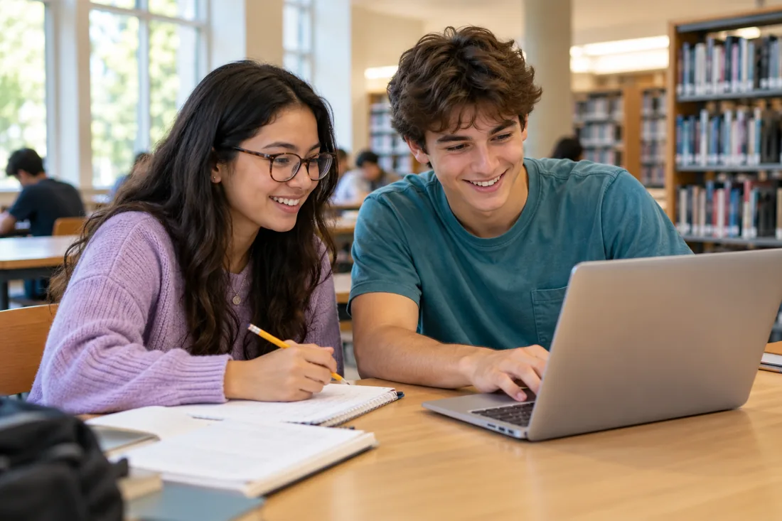 Two students reviewing a practice question together with a laptop and notebook