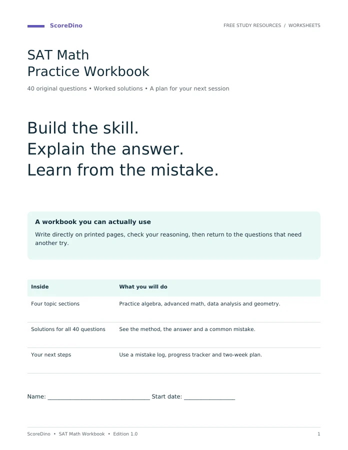ScoreDino workbook cover listing 40 original questions, worked solutions and study tracking pages