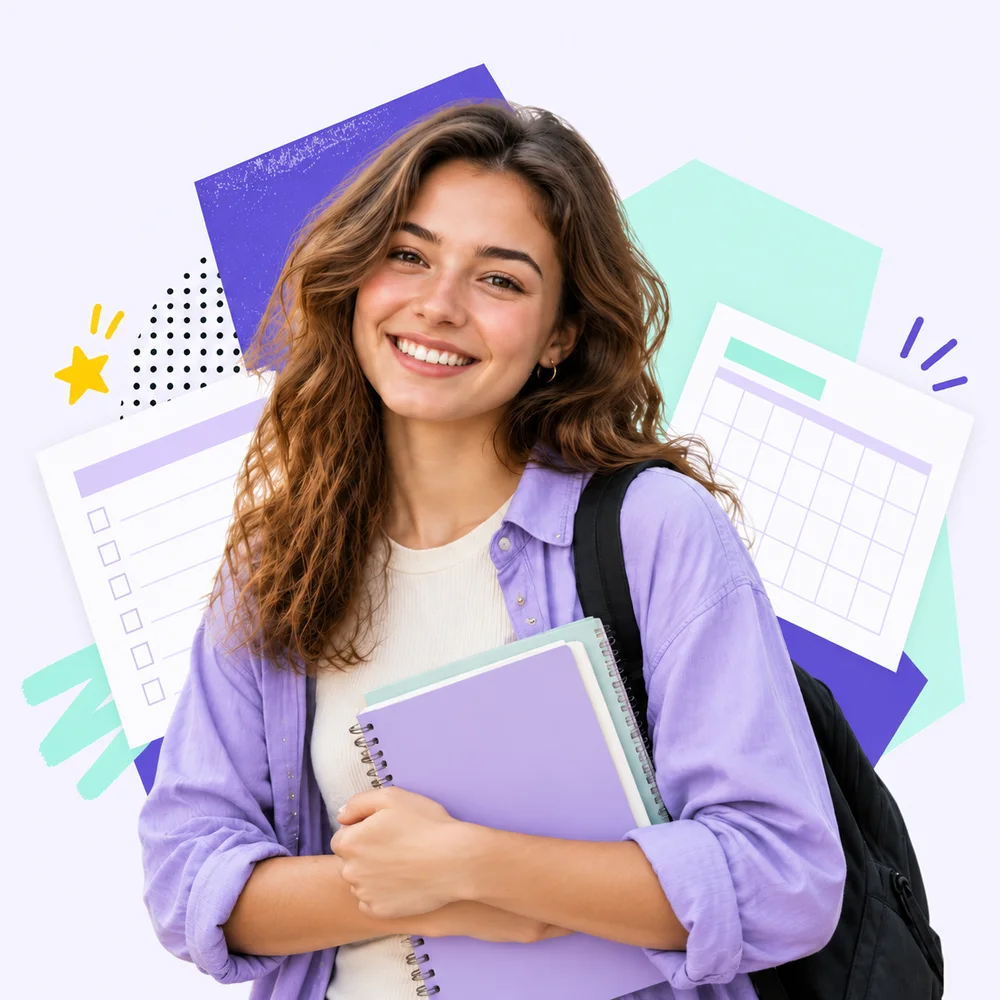 Smiling student holding notebooks, surrounded by worksheets and study planner pages.